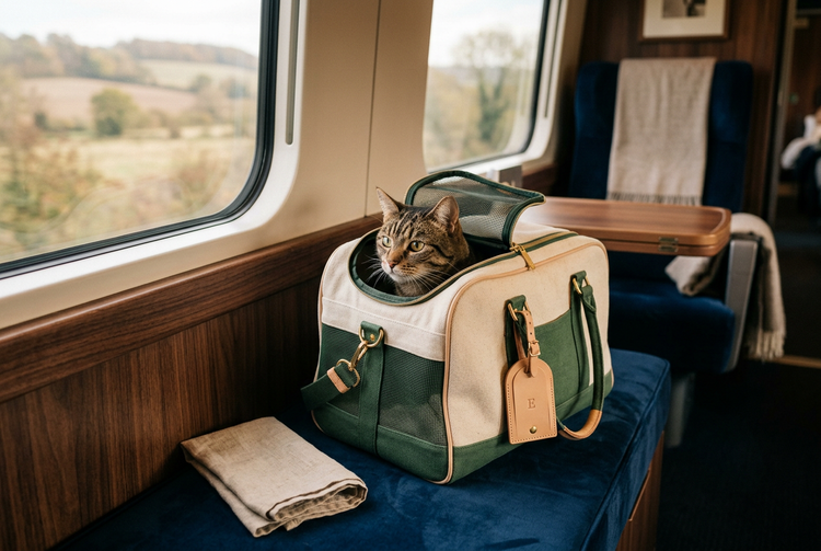 Tabby cat peeking out of a travel carrier in a train cabin