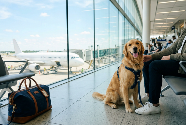 Golden retriever in a harness waiting at an airport gate