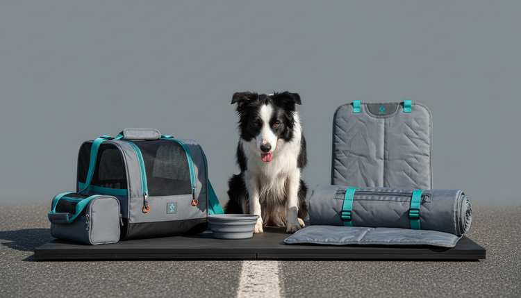 Border collie sitting on a quiet road beside a packed carrier, travel bed, and water bowl